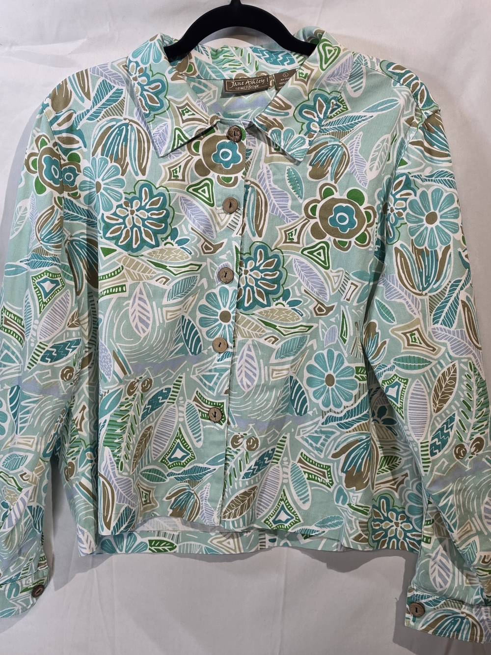 Jane Ashley Grandmacore Art to Wear Teal Floral 100% Cotton Shacket Size Large